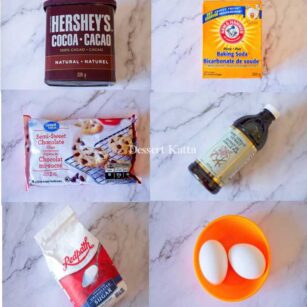 collage of different baking ingredients like cocoa powder, baking soda, chocolate chips, vanilla extract, sugar and eggs