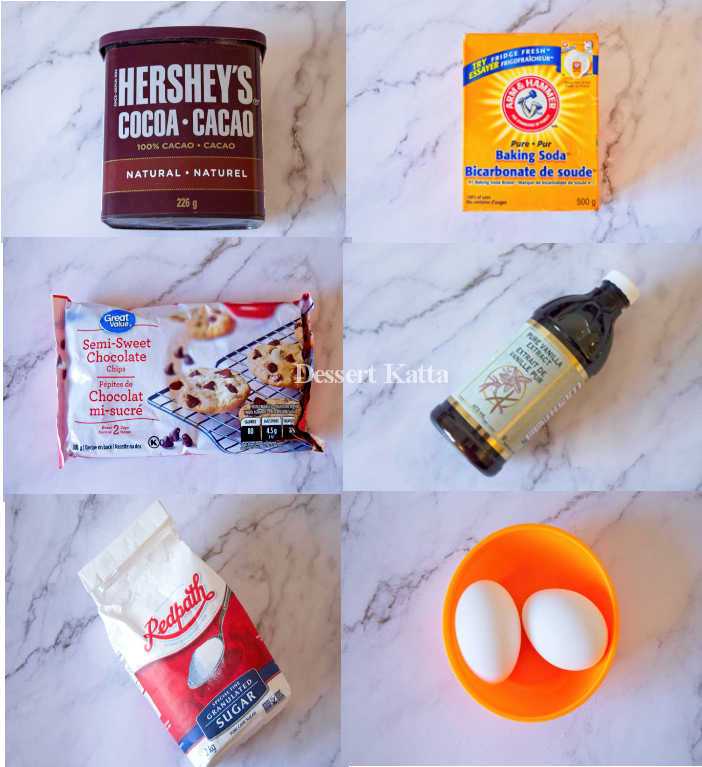 collage of different baking ingredients like cocoa powder, baking soda, chocolate chips, vanilla extract, sugar and eggs