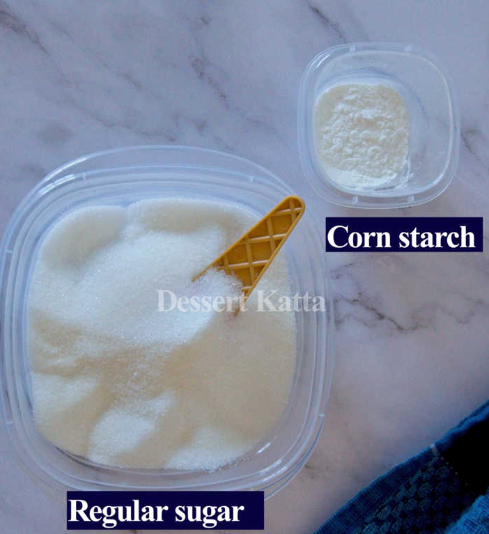 regular sugar and corn starch placed on small bowl