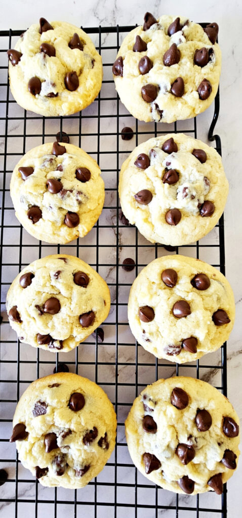 no brown sugar cookies loaded with chocolate chips placed on wire rack