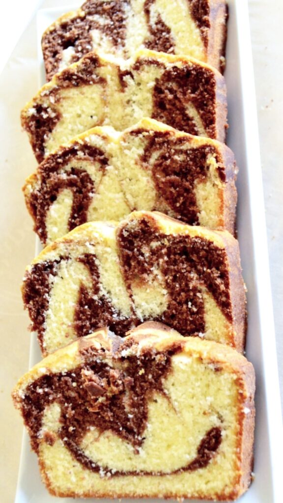 slices of marble loaf cake showing marble effect from inside