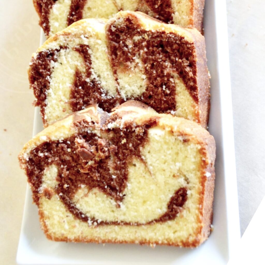 slices of marble loaf cake showing texture from inside