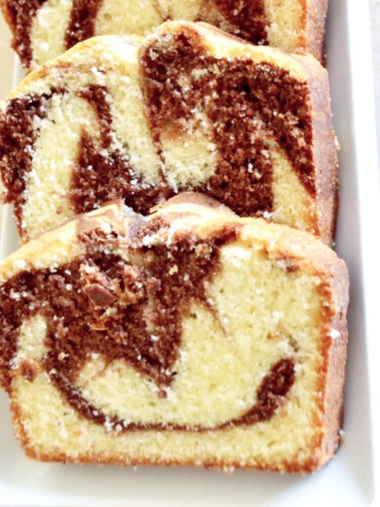 slices of marble loaf cake showing texture from inside