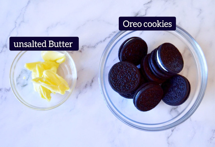 Oreo cookies and unsalted butter to make cheesecake crust or base as a part of mini Oreo cheesecake