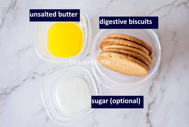 ingredients to make crust for mini cheesecake bites in small bowls