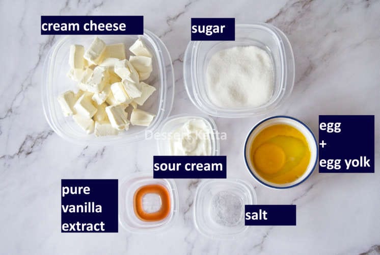 ingredients to make filling for mini cheesecake bites in small bowls