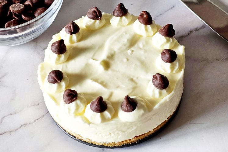 top shot of easy 5 ingredient no bake cheesecake with chocolate chips