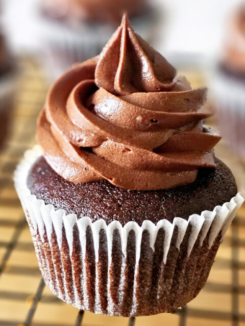 shot of chocolate cupcake with chocolate cream cheese frosting