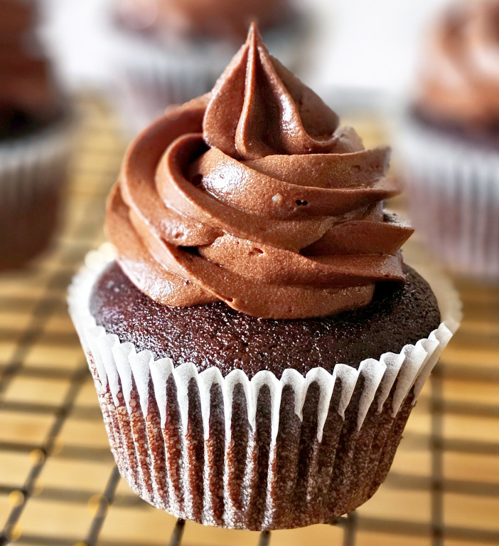 shot of chocolate cupcake with chocolate cream cheese frosting