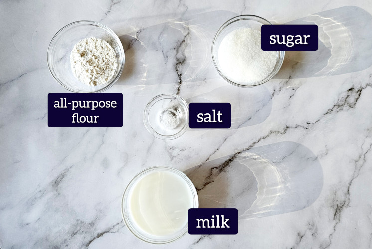 ingredients for ding dong filling base are placed on marble surface in small bowls