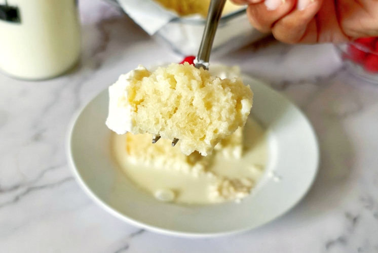 bite of eggless tres leches cake