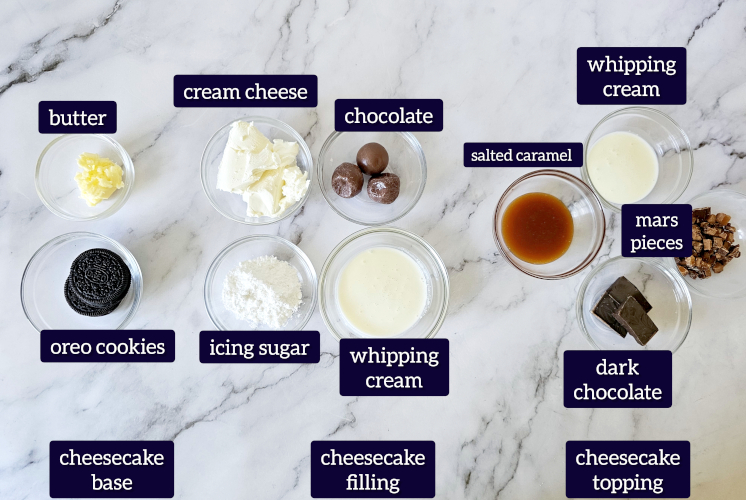 top view of all of the ingredients required to prepare mars bar cheesecake