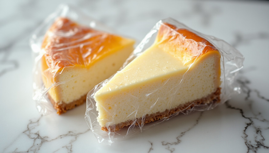 Individual cheesecake slices wrapped in plastic wrap