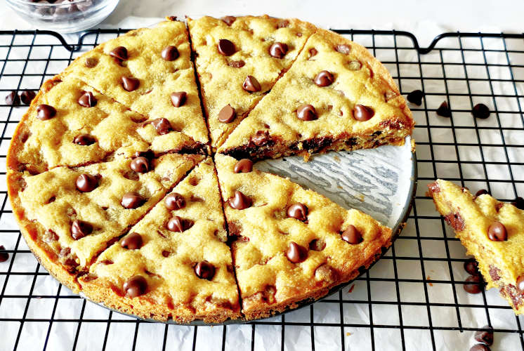 pizza hut cookie cut into 8 slices and placed on wire rack