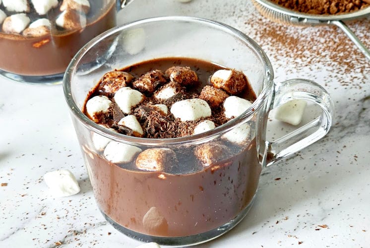 Starbucks dairy free hot chocolate served in glass mug