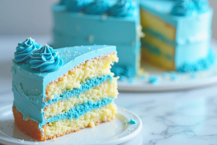 a piece of 3 layer vanilla cake with blue colored American buttercream frosting