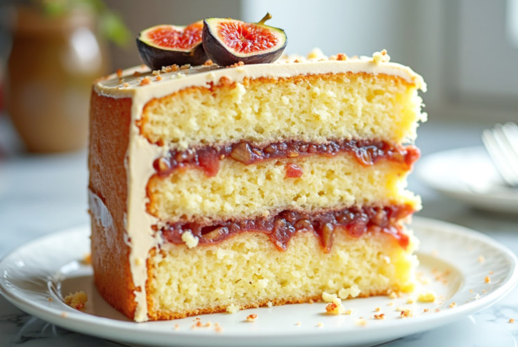 a single piece of 3 layer vanilla cake filled and frosted with figs frosting and few fig on top