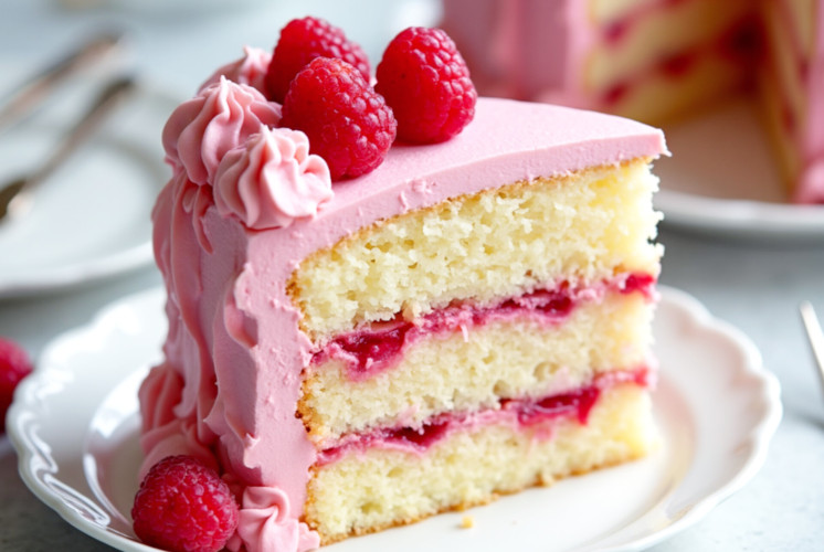 a single piece of 3 layer vanilla cake filled and frosted with raspberry frosting and few raspberries on top