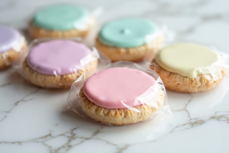 sugar cookie frosted with different colored buttercream frosting and covered with plastic wrap to refrigerate