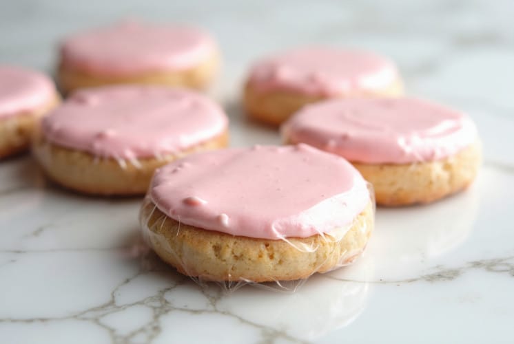 sugar cookie frosted with pink buttercream frosting and covered with plastic wrap to refrigerate