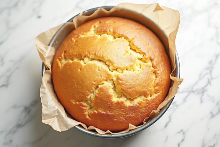 cake in a tin with parchment paper placed on marble surface