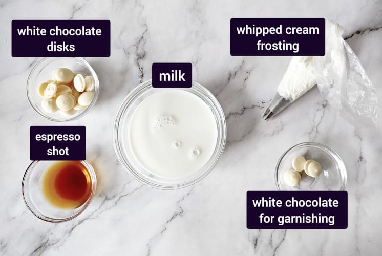 top shot of all the ingredients needed to make starbucks white chocolate mocha recipe