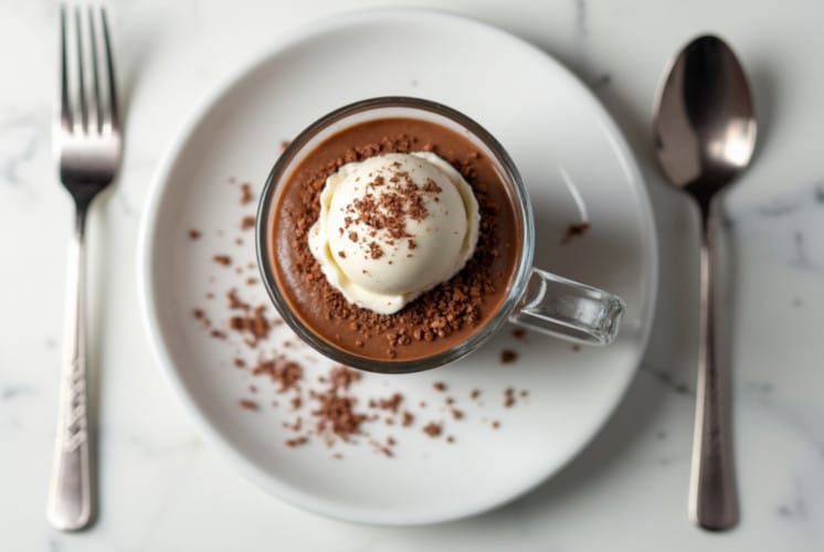 Top view of thawed chocolate mousse served with a scoop of vanilla ice cream and chocolate shavings